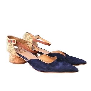 KANNA Jini Raffia‎ Trimmed Navy Suede Heels Eur 37, US 6.5-7